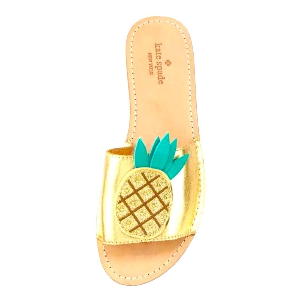 Kate Spade IBIS Gold Metallic Tumbled Leather Pineapple Slide Sandals